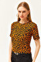 Women's Leopard Orange Corded Crop Knitted T-Shirt TSH-19000328 - 3