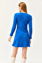 Women's Cobalt Blue Crew Neck Skirt Flared Ribbed Dress ELB-19002029 - 5