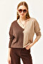 Women's Brown Camel Blocked Shirted Loose Blouse BLZ-19002519 - 2