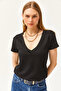 Women's Black Deep V-Neck Modal Button T-Shirt TSH-19000773 - 4
