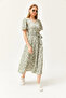 Women's Daisy Green V-Neck Belted Buttoned Knitted Dress ELB-19002048 - 3