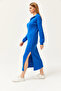 Women's Cobalt Blue Polo Neck Slit Ribbed Midi Dress ELB-19002050 - 5