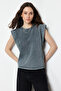 Antrasit*001 Soluk Efektli %100 Pamuk Vatka Görünümlü Basic Bisiklet Yaka Örme T-Shirt TWOSS20TS0021 - 3