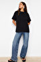 Siyah %100 Kalın Pamuklu Oversize/Geniş Kalıp Bisiklet Yaka Örme T-Shirt TWOSS23TS00040 - 10