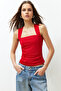 Kırmızı Düz Kare Yaka Askılı Büzgülü Fitted/Vücuda Oturan Esnek Örme Bluz TWOSS24BZ00400