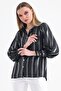 Women's Silver Leaf Striped Balloon Sleeve Shoulder Gathered Oversize Satin Shirt - 5