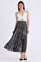 Women's Silver Leaf Striped Elastic Waist Pleated Long Chiffon Skirt