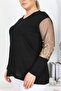 WOMEN'S BLACK V-NECK SLEEVE STAR EMBROIDERED BLUZ - 4