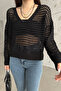 Women's Black V-Neck Openwork Knitwear Blouse - 5