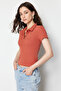 Cinnamon Polo Collar Buttoned Short Sleeve Stretchy Ribbed Knitted Blouse TWOSS24BZ00111 - 2