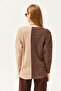 Women's Brown Camel Blocked Shirted Loose Blouse BLZ-19002519 - 5