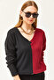 Women's Black Claret Red Blocked Shirted Loose Blouse BLZ-19002519 - 4
