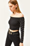 Women's Black Sleeves Bead Detailed Ottoman Blouse BLZ-19002514 - 5
