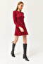 Women's Claret Red Crew Neck Skirt Flared Ribbed Dress ELB-19002029 - 2
