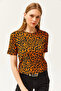 Women's Leopard Orange Corded Crop Knitted T-Shirt TSH-19000328 - 4