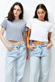 Beyaz-Gri 2'li Paket %100 Pamuk Crop Bisiklet Yaka Örme T-Shirt TWOSS20TS1480