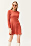Women's Tile Crew Neck Skirt Flared Ribbed Dress ELB-19002029 - 5