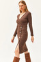 Women's Bitter Brown Double Breasted Collar Slit Button Detailed Raised Dress ELB-19002052