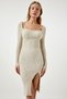 Women's Beige Square Collar Slit Knitwear Dress AS00017 - 3