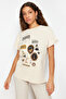 Taş %100 Kalın Pamuklu Baskılı Oversize Kalıp Bisiklet Yaka Örme T-Shirt TWOSS23TS00282 - 3