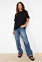 Siyah %100 Kalın Pamuklu Oversize/Geniş Kalıp Bisiklet Yaka Örme T-Shirt TWOSS23TS00040 - 9