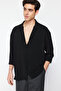Siyah Oversize Fit Apaş Yaka Yazlık Keten Görünümlü Gömlek TMNSS23GO00053