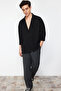 Siyah Oversize Fit Apaş Yaka Yazlık Keten Görünümlü Gömlek TMNSS23GO00053 - 5