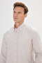 Men's Beige Slim Fit Narrow Cut Button Collar 100% Cotton Oxford Shirt - 3