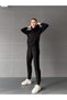 Women's Modal Fabric Black Hooded Kangaroo Pocket Cuffed Leg Tracksuit Set