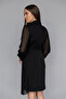 Double Breasted Jacket Collar Pleat Detailed Wrap Cut Sleeves Tulle Long Sleeve Black Evening Dress 24K2169 - 3