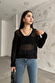 Women's Black V-Neck Openwork Knitwear Blouse - 3