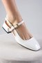 Thea White Color Patent Leather Open Back Side Buckle Blunt Toe Women's Short Heeled Shoes - 2