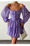 Women's Tulle Fabric Lacing Front Design Skirt Layered Transparent Sleeve Mini Lilac Evening Dress 082 - 3