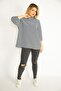 Women's Large Size Navy Blue Stand-Up Collar Striped Capri Sleeve Tunic 65n35063 - 7