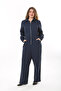 Women's Large Size Navy Blue Front Zipper 4 Pockets Back Waist Belt Elastic Jeans Jumpsuit 65N37573 - 7