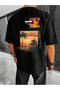 T-Shirt - Summer Paradise Printed Oversize Crew Neck Short Sleeve Black T-Shirt