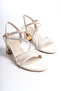 CROSSBAND STONE DETAIL BEIGE WOMEN'S HEELED SANDALS SHOES - 3