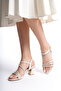 CROSSBAND STONE DETAIL BEIGE WOMEN'S HEELED SANDALS SHOES - 2