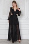 Black Tulle Fabric Degaje Collar Low-cut Design Skirt Ruffle Design Maxi Evening Dress 9268