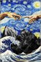 Blue Themed Surrealist Design Modern Decorative Carpet with Hand and Mountain Pattern 3503