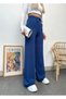 Women's Navy Blue Knitted Fabric Wide Leg Trousers with Elastic Waist - 3