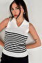 Women's Polo Neck Sleeveless White Striped Knitwear - 2