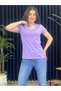 WOMEN'S LIGHT PURPLE V-NECK SHORT SLEEVE 100% COTTON T-SHIRT - 4