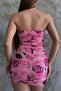Dilber Dress Flower Patterned Drape Detailed Strapless Collar Fuchsia Mini Evening Dress 12135 - 3