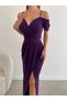 Imported Crepe Evening Dress with Shoulder Detail, Belt and Front Slit Detail (Color) - 6