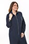 Women's Large Size Navy Blue Front Zipper 4 Pockets Back Waist Belt Elastic Jeans Jumpsuit 65N37573 - 5