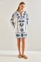 Women's White Blue Embroidered Linen Dress 60131012 - 5