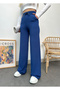 Women's Navy Blue Knitted Fabric Wide Leg Trousers with Elastic Waist - 4