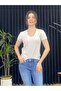 WOMEN'S GRAY MELANGE V-NECK SHORT SLEEVE 100% COTTON T-SHIRT - 4