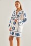 Women's White Blue Embroidered Linen Dress 60131012 - 2